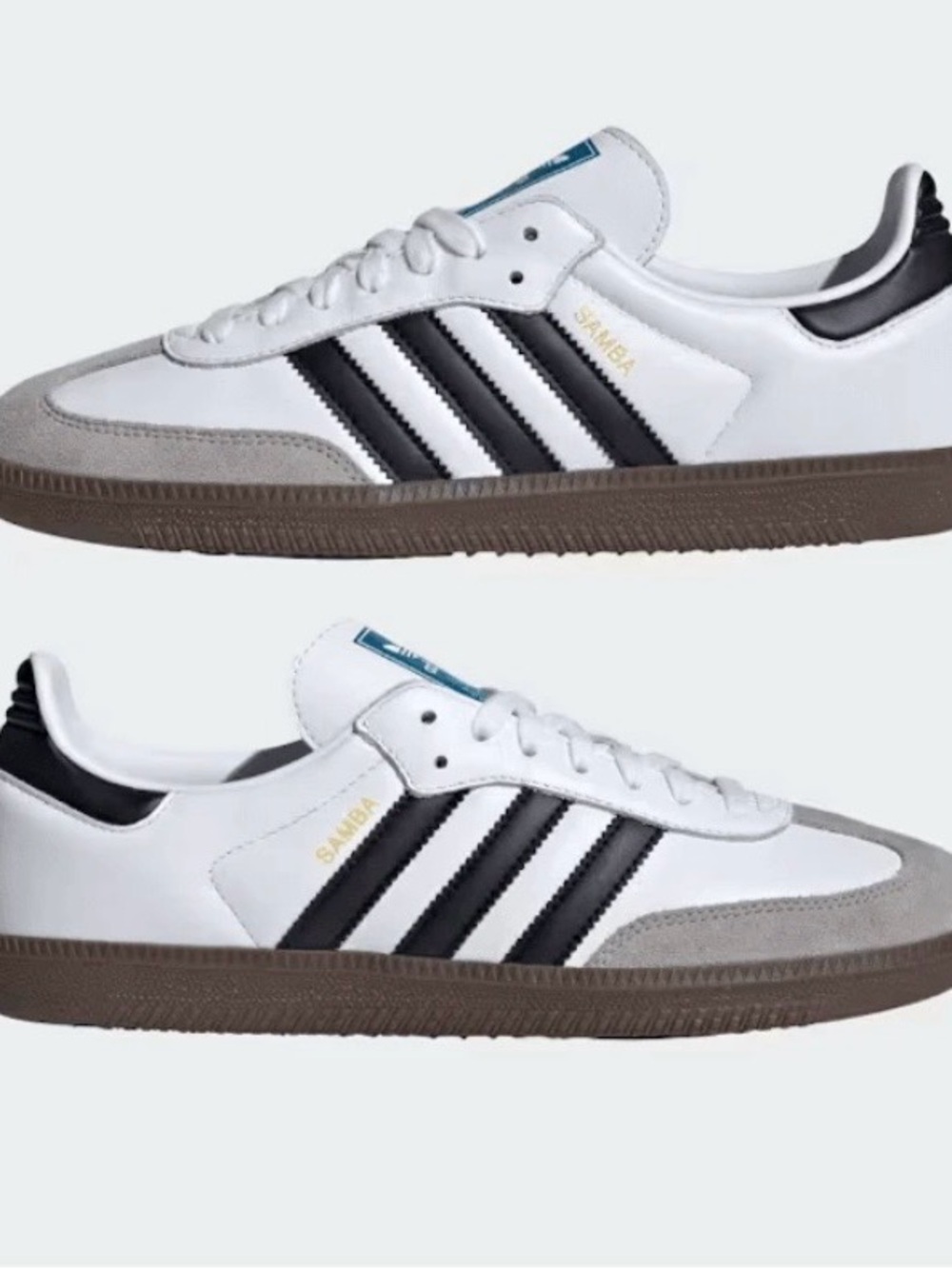adidas White Sneakers with Black Stripes and Blue Tongue Patch